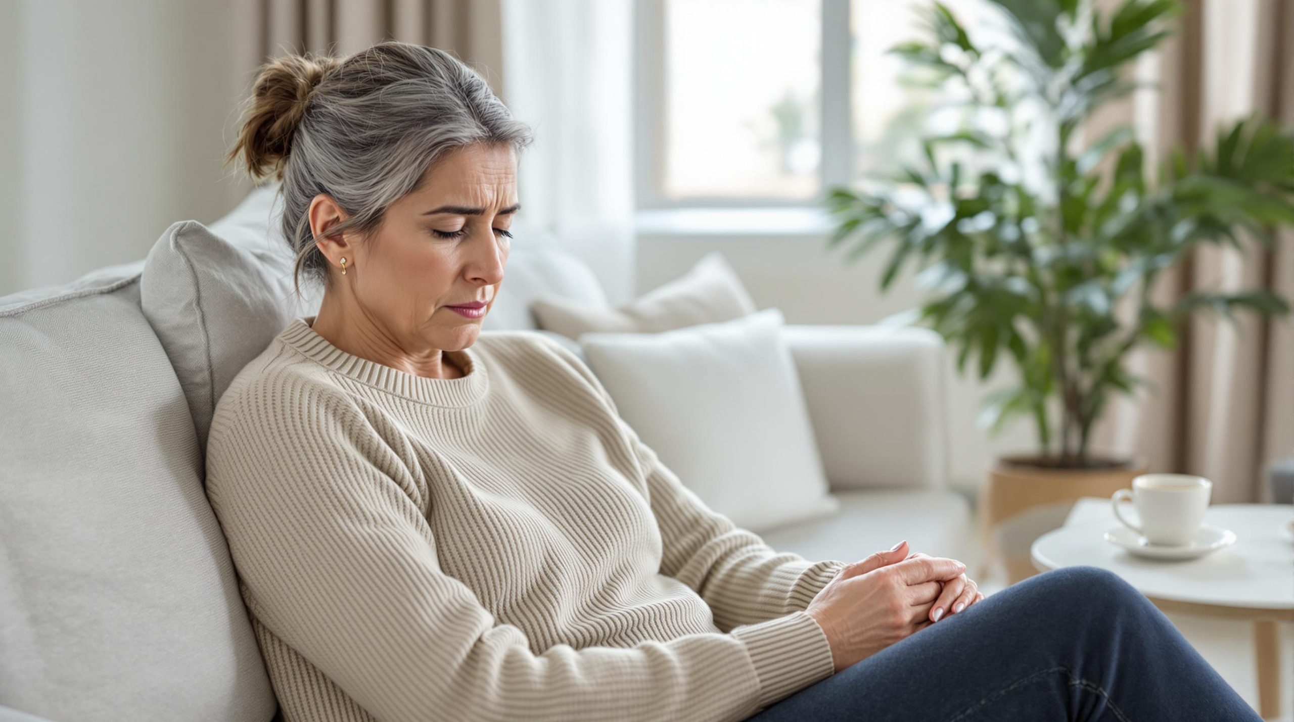 Femme d'âge mûr assise sur un canapé, l'air préoccupé ou triste, dans un salon lumineux avec une tasse de café sur la table et des plantes en arrière-plan.