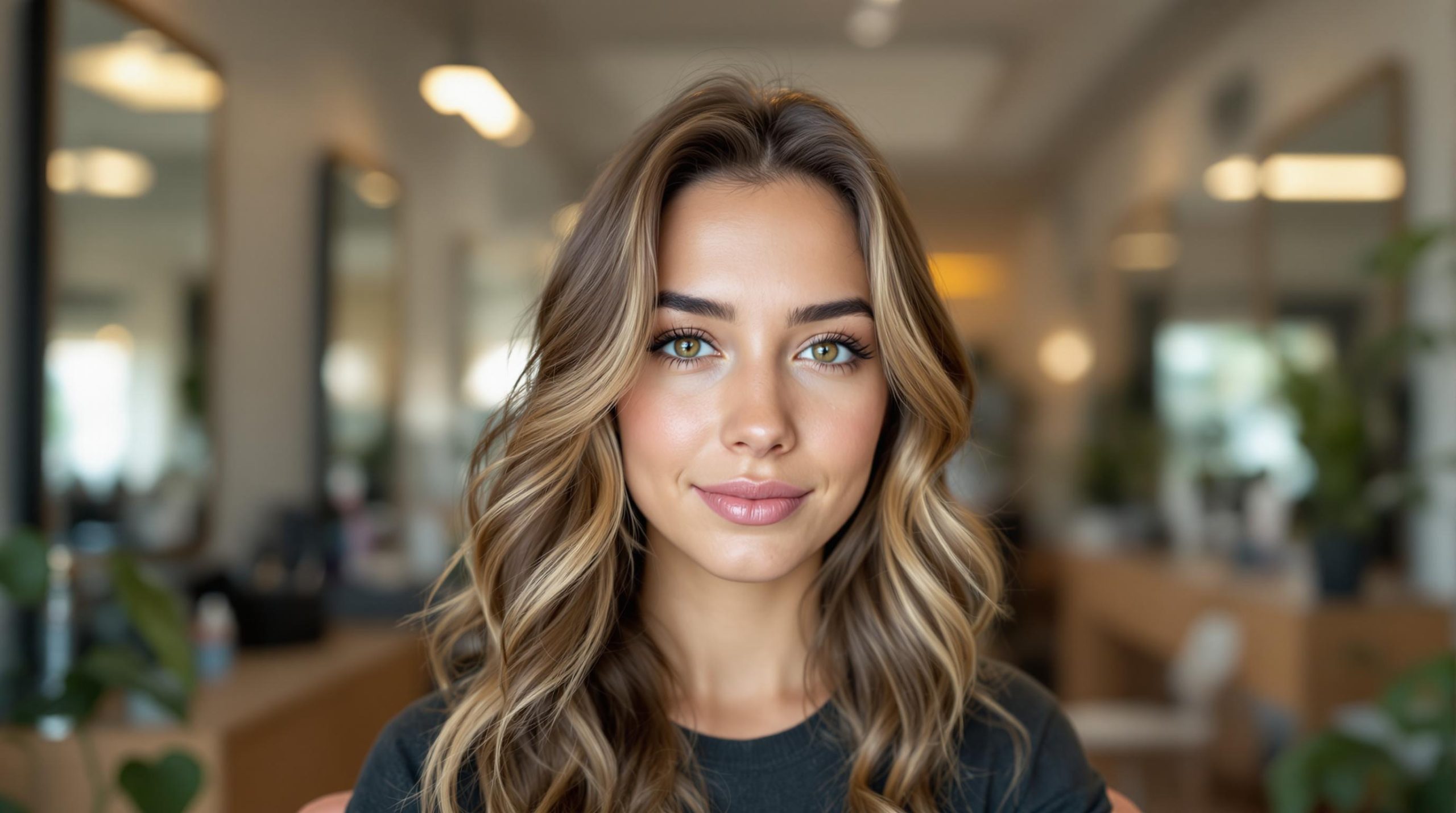 Jeune femme aux cheveux ondulés châtains clairs assise dans un salon de coiffure moderne, regardant l'objectif, avec un fond flou.